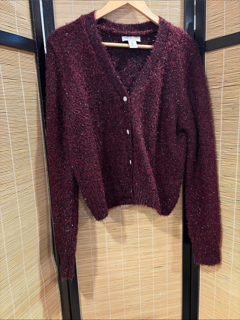 Rachel Zoe Burgundy Sparkle-Thread V-Neck Cardigan